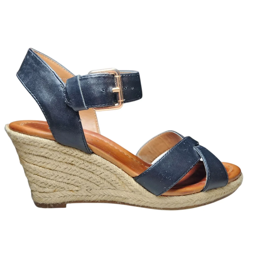 Pesaro Espadrille Wedge Black Vegan Leather Sandals Ankle Strap‎ Gold Buckle 8